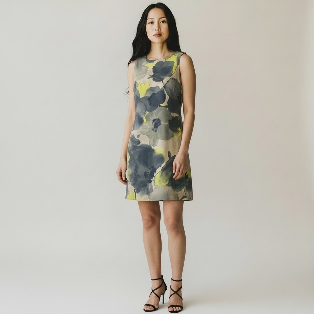 THEORY Floral Watercolor Print Sleeveless Sheath Yellow Gray Sheath Dress Small